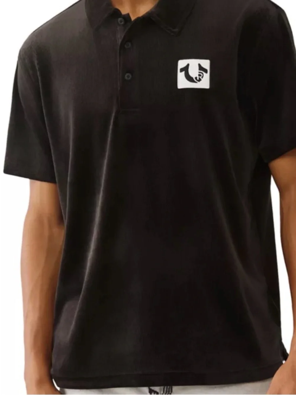True Religion Men's Black Velvet Polo with Chest Logo Patch